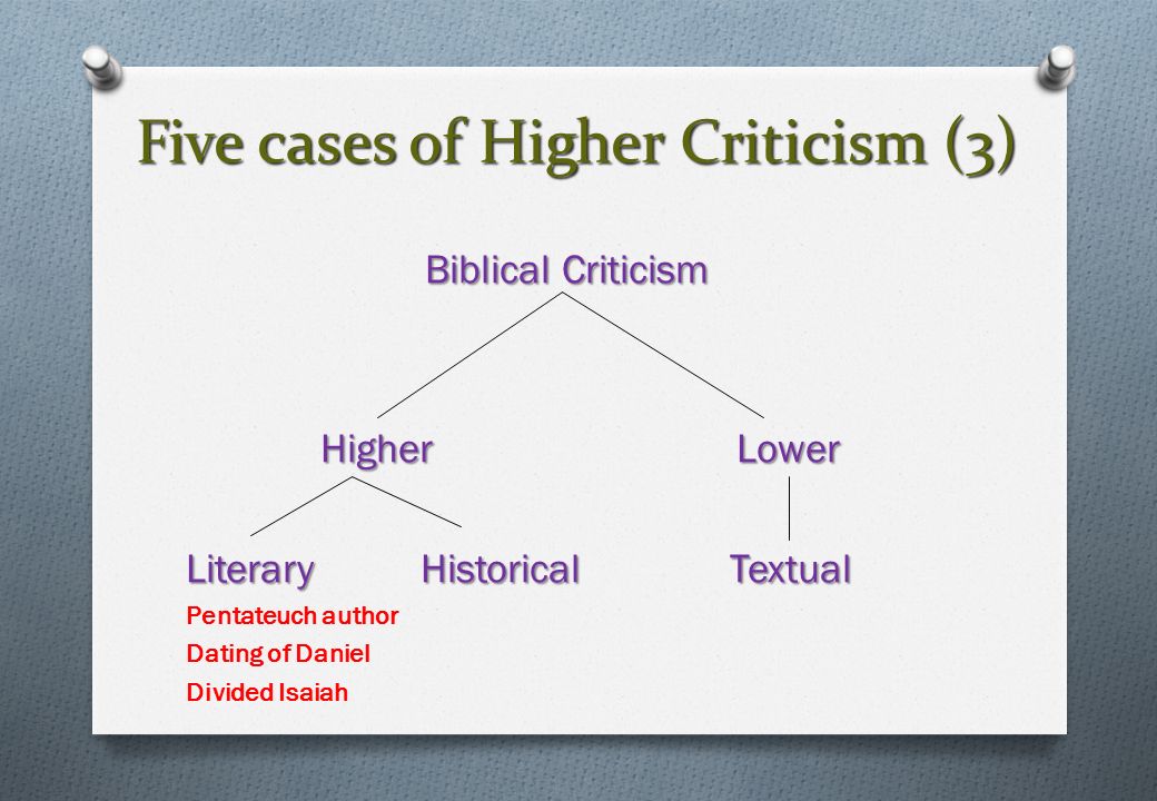 Five cases of Higher Criticism (3) Biblical Criticism Higher Lower Higher Lower Literary Historical Textual Pentateuch author Dating of Daniel Divided Isaiah