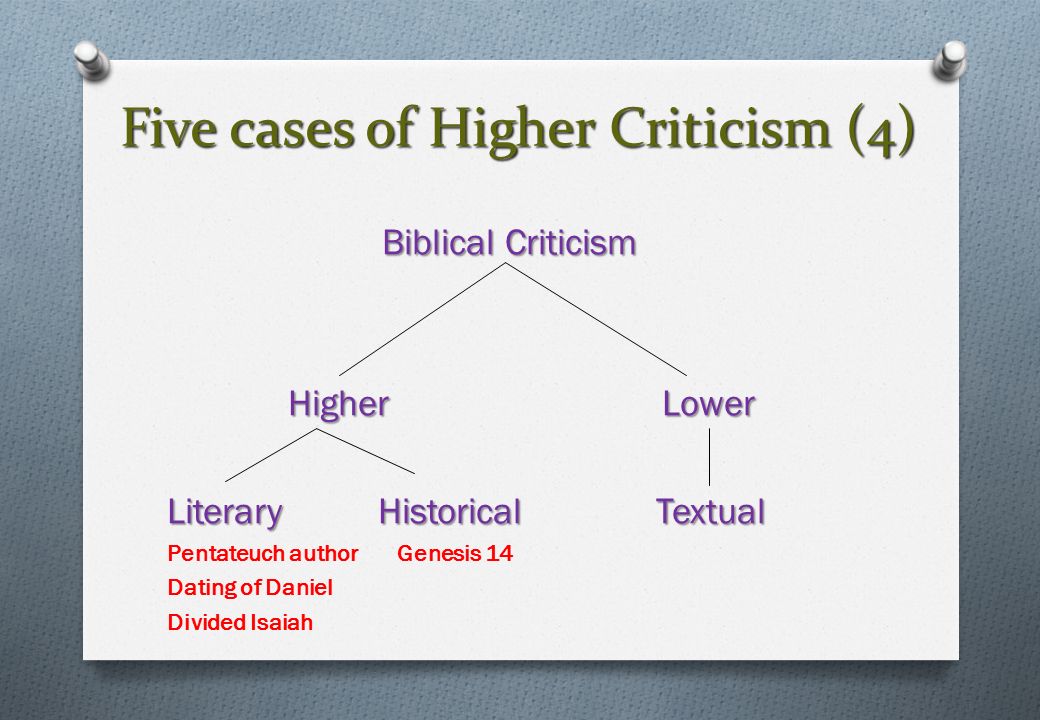 Five cases of Higher Criticism (4) Biblical Criticism Higher Lower Higher Lower Literary Historical Textual Pentateuch author Genesis 14 Dating of Daniel Divided Isaiah