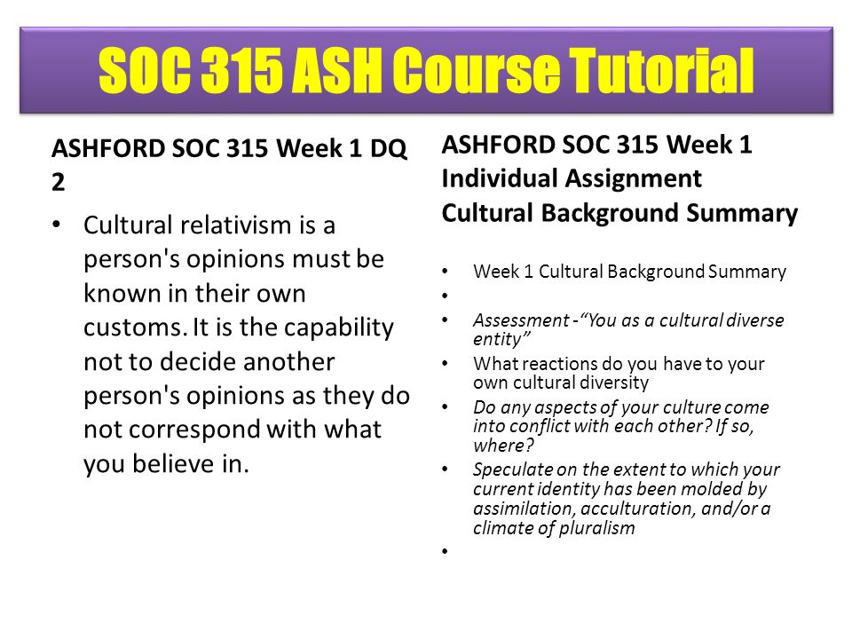 ASHFORD SOC 315 Week 1 DQ 2 Cultural relativism is a person s opinions must be known in their own customs.