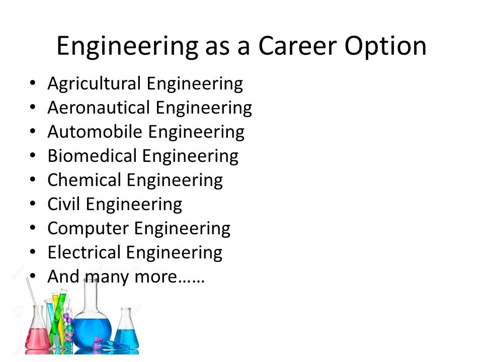 Engineering as a Career Option Agricultural Engineering Aeronautical Engineering Automobile Engineering Biomedical Engineering Chemical Engineering Civil Engineering Computer Engineering Electrical Engineering And many more……
