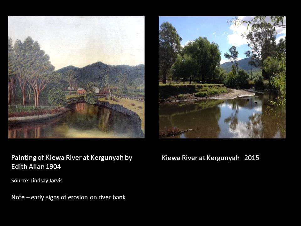 Painting of Kiewa River at Kergunyah by Edith Allan 1904 Source: Lindsay Jarvis Note – early signs of erosion on river bank Kiewa River at Kergunyah 2015