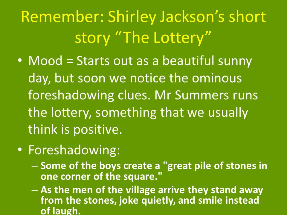 theme of the lottery by shirley jackson essay Expository essays term papers (paper 4674) on the lottery by shirley jackson: in many stories, settings are constructed to help build the. theme of the lottery by shirley jackson essay Expository essays term papers (paper 4674) on the lottery by shirley jackson: in many stories, settings are constructed to help build the.