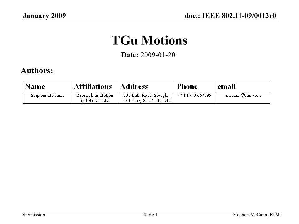 doc.: IEEE /0013r0 Submission January 2009 Stephen McCann, RIMSlide 1 TGu Motions Date: Authors:
