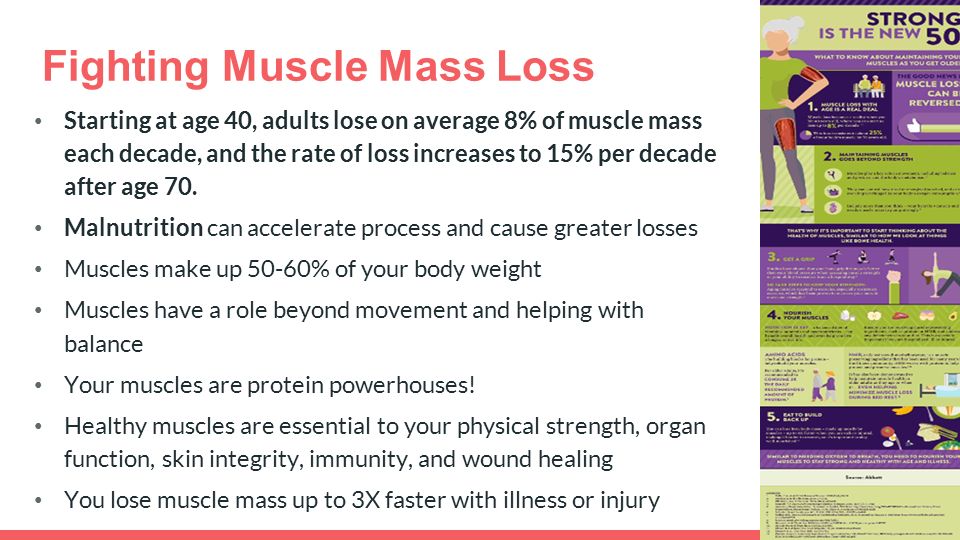 Fighting Muscle Mass Loss Starting at age 40, adults lose on average 8% of muscle mass each decade, and the rate of loss increases to 15% per decade after age 70.