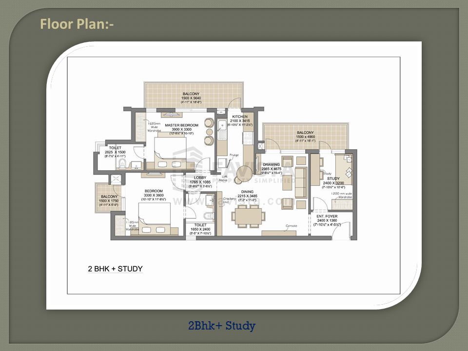 Floor Plan:- 2Bhk+ Study