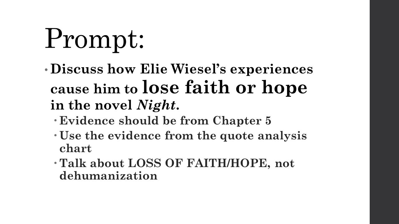 an analysis of the holocaust in the novel night by elie wiesel This book was extremely powerful as it awakened me to the terror that many people went through during the holocaust at the concentration camps night- elie wiesel. an analysis of the holocaust in the novel night by elie wiesel This book was extremely powerful as it awakened me to the terror that many people went through during the holocaust at the concentration camps night- elie wiesel.