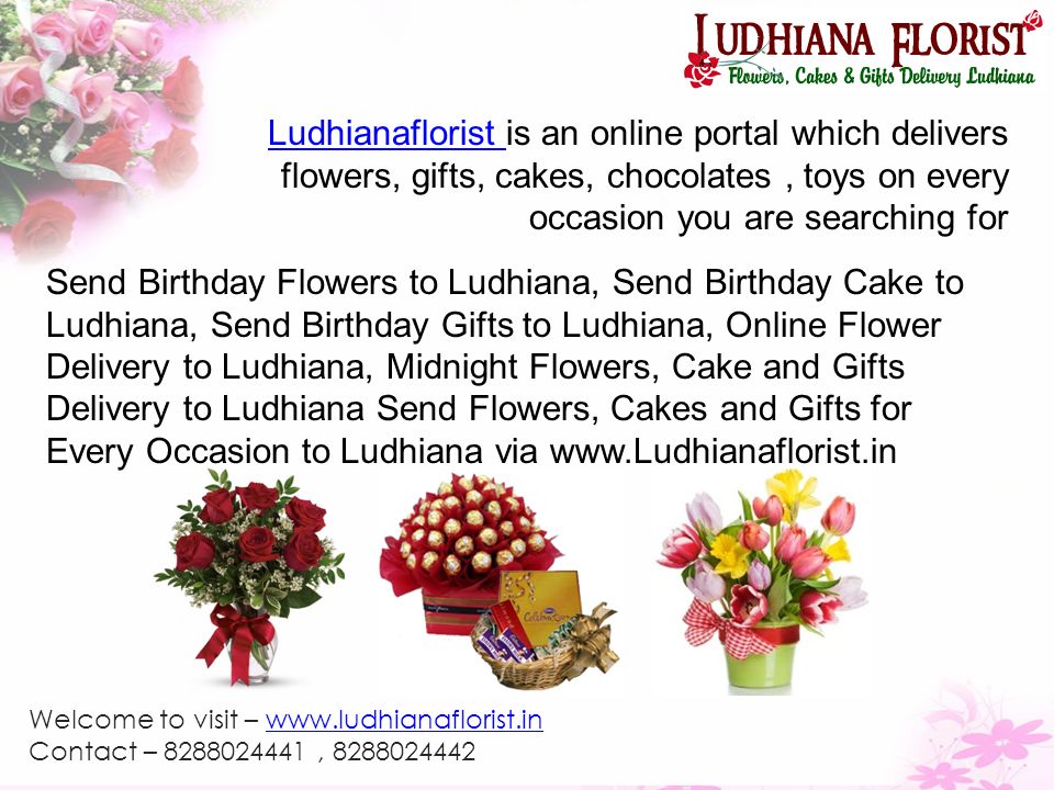 Ludhianaflorist Ludhianaflorist is an online portal which delivers flowers, gifts, cakes, chocolates, toys on every occasion you are searching for Send Birthday Flowers to Ludhiana, Send Birthday Cake to Ludhiana, Send Birthday Gifts to Ludhiana, Online Flower Delivery to Ludhiana, Midnight Flowers, Cake and Gifts Delivery to Ludhiana Send Flowers, Cakes and Gifts for Every Occasion to Ludhiana via   Welcome to visit –   Contact – ,