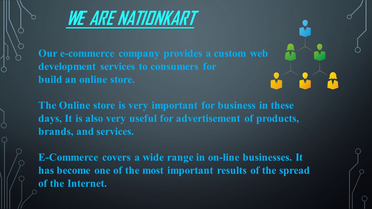 WE ARE NATIONKART Our e-commerce company provides a custom web development services to consumers for build an online store.