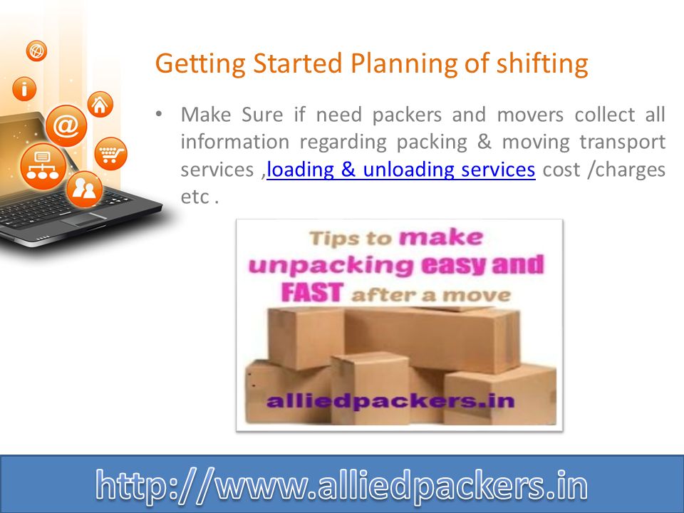 Getting Started Planning of shifting Make Sure if need packers and movers collect all information regarding packing & moving transport services,loading & unloading services cost /charges etc.loading & unloading services