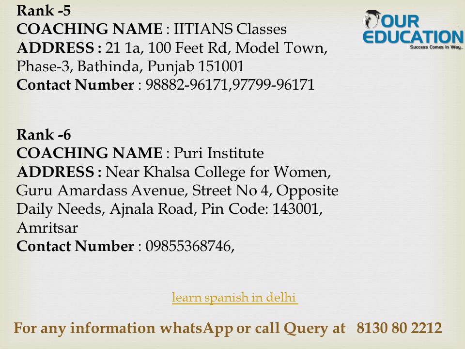 For any information whatsApp or call Query at learn spanish in delhi Rank -5 COACHING NAME : IITIANS Classes ADDRESS : 21 1a, 100 Feet Rd, Model Town, Phase-3, Bathinda, Punjab Contact Number : , Rank -6 COACHING NAME : Puri Institute ADDRESS : Near Khalsa College for Women, Guru Amardass Avenue, Street No 4, Opposite Daily Needs, Ajnala Road, Pin Code: , Amritsar Contact Number : ,