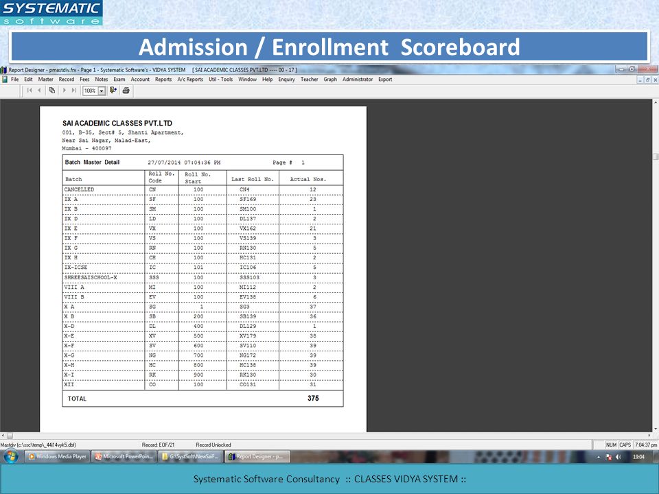 Admission / Enrollment Scoreboard Systematic Software Consultancy :: CLASSES VIDYA SYSTEM ::