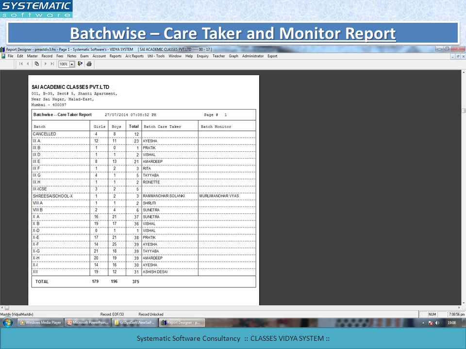 Batchwise – Care Taker and Monitor Report Systematic Software Consultancy :: CLASSES VIDYA SYSTEM ::