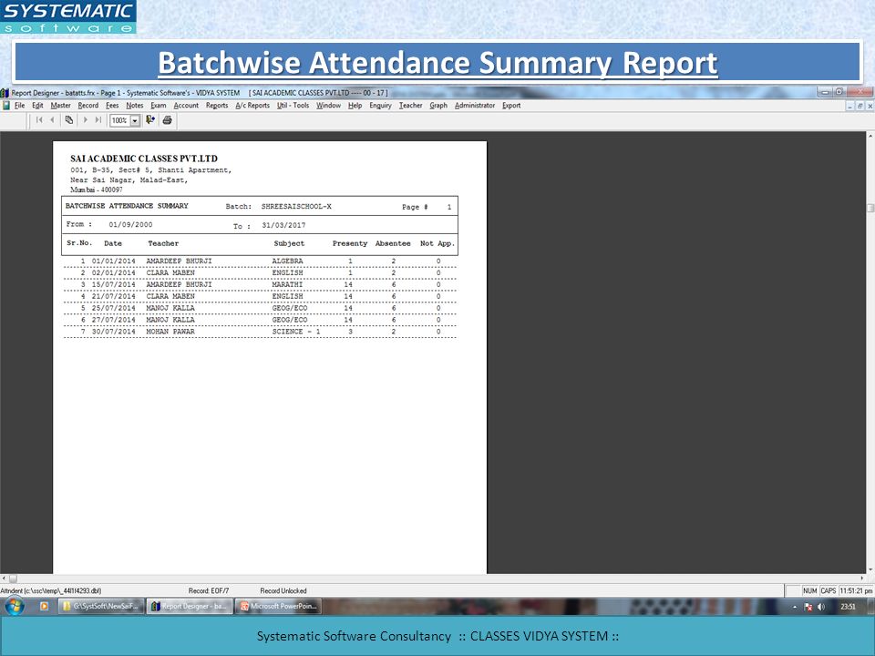 Batchwise Attendance Summary Report Systematic Software Consultancy :: CLASSES VIDYA SYSTEM ::