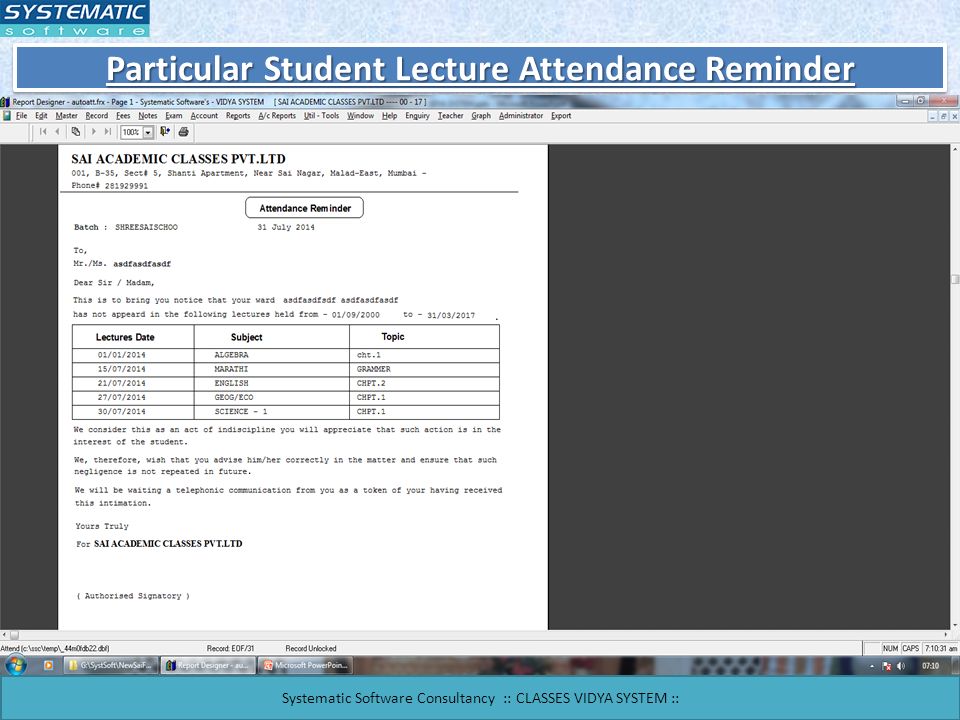 Particular Student Lecture Attendance Reminder Systematic Software Consultancy :: CLASSES VIDYA SYSTEM ::
