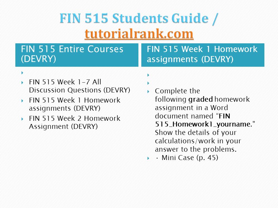 FIN 515 Entire Courses (DEVRY) FIN 515 Week 1 Homework assignments (DEVRY)   FIN 515 Week 1-7 All Discussion Questions (DEVRY)  FIN 515 Week 1 Homework assignments (DEVRY)  FIN 515 Week 2 Homework Assignment (DEVRY)   Complete the following graded homework assignment in a Word document named FIN 515_Homework1_yourname. Show the details of your calculations/work in your answer to the problems.