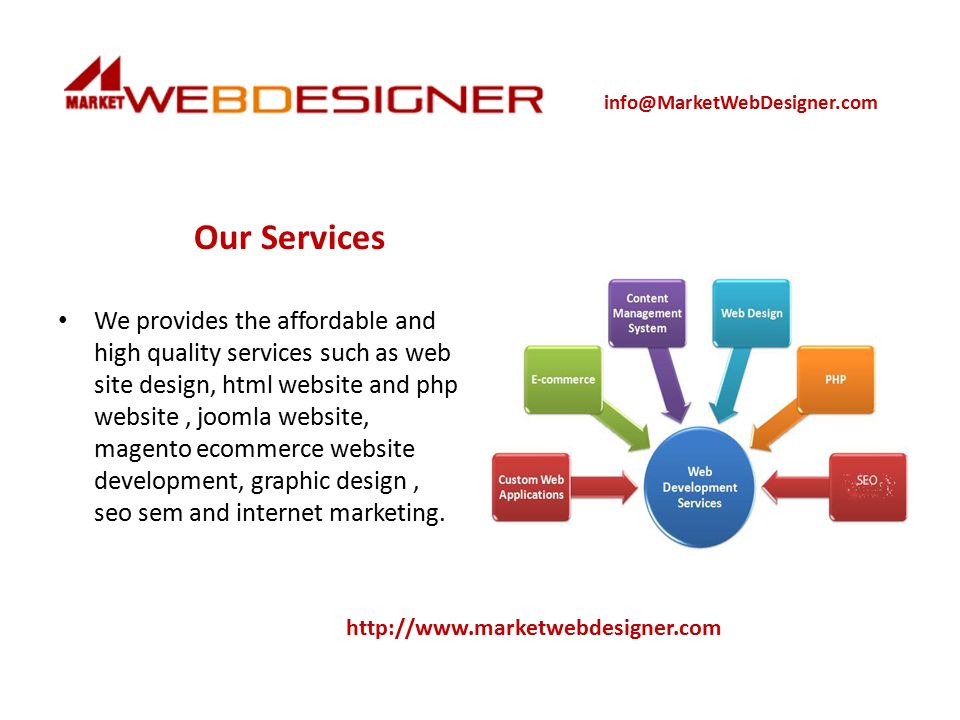 Our Services We provides the affordable and high quality services such as web site design, html website and php website, joomla website, magento ecommerce website development, graphic design, seo sem and internet marketing.
