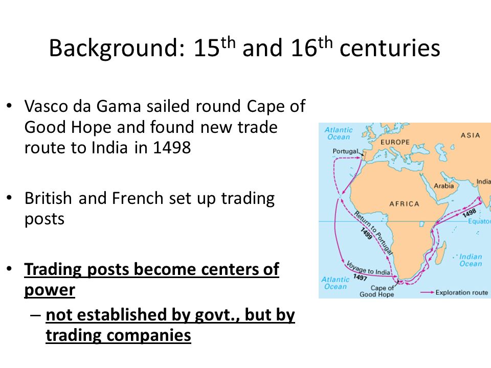 Background: 15 th and 16 th centuries Vasco da Gama sailed round Cape of Good Hope and found new trade route to India in 1498 British and French set up trading posts Trading posts become centers of power – not established by govt., but by trading companies