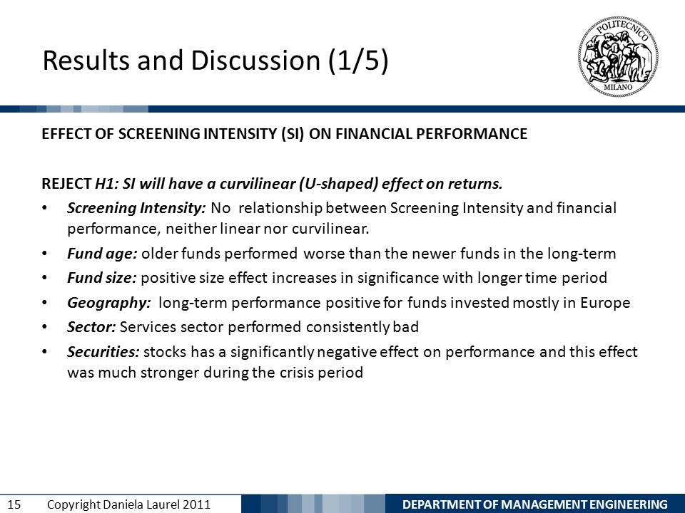 DEPARTMENT OF MANAGEMENT ENGINEERING 15 Copyright Daniela Laurel 2011 Results and Discussion (1/5) EFFECT OF SCREENING INTENSITY (SI) ON FINANCIAL PERFORMANCE REJECT H1: SI will have a curvilinear (U-shaped) effect on returns.