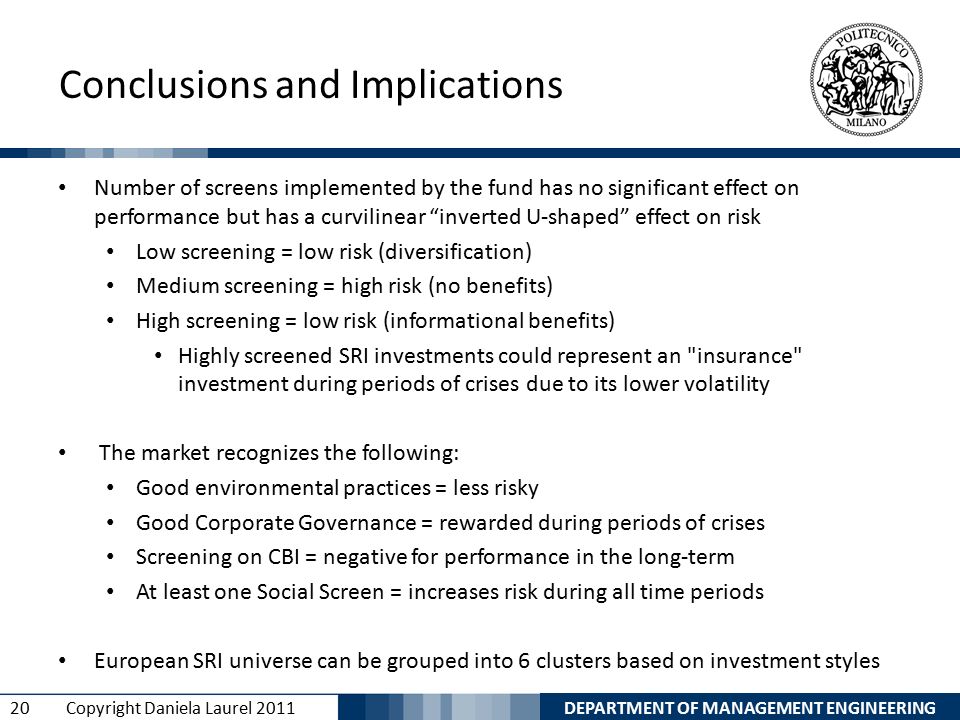 DEPARTMENT OF MANAGEMENT ENGINEERING 20 Copyright Daniela Laurel 2011 Conclusions and Implications Number of screens implemented by the fund has no significant effect on performance but has a curvilinear inverted U-shaped effect on risk Low screening = low risk (diversification) Medium screening = high risk (no benefits) High screening = low risk (informational benefits) Highly screened SRI investments could represent an insurance investment during periods of crises due to its lower volatility The market recognizes the following: Good environmental practices = less risky Good Corporate Governance = rewarded during periods of crises Screening on CBI = negative for performance in the long-term At least one Social Screen = increases risk during all time periods European SRI universe can be grouped into 6 clusters based on investment styles