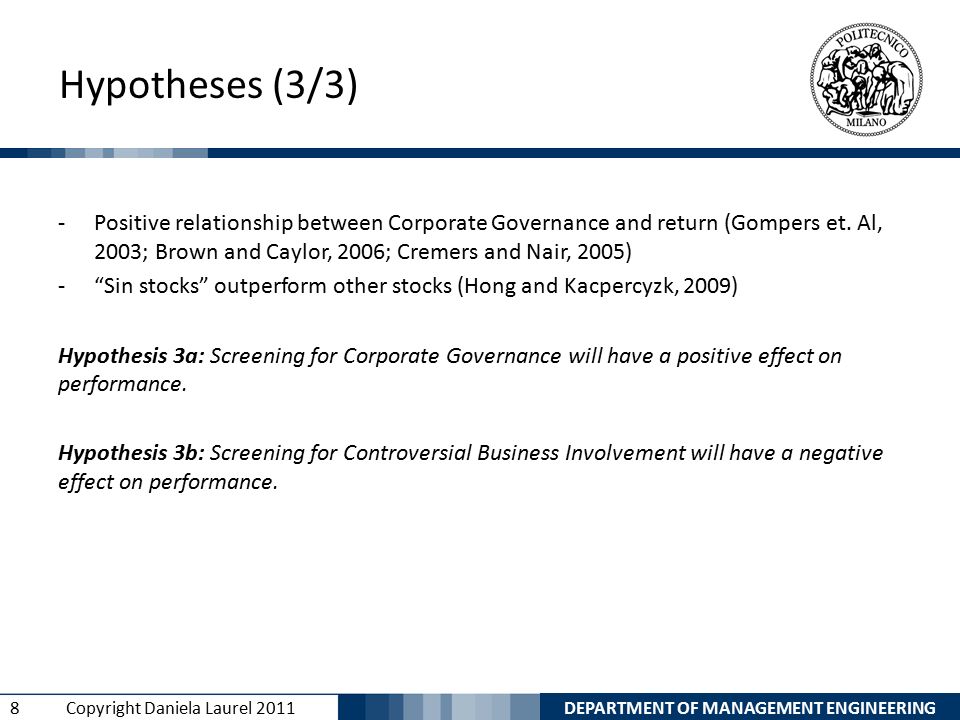 DEPARTMENT OF MANAGEMENT ENGINEERING 8 Copyright Daniela Laurel 2011 Hypotheses (3/3) -Positive relationship between Corporate Governance and return (Gompers et.