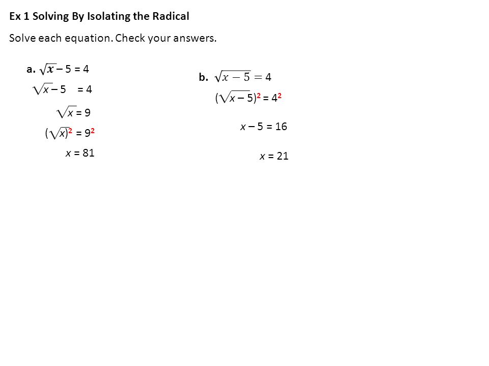 10 4 Solving Radical Equations Hubarth Algebra Solve Each 2 Solve Each Equation