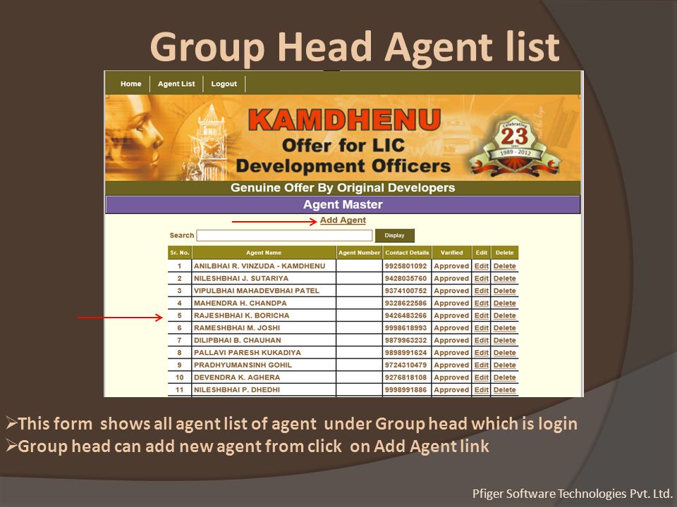 Group Head Agent list  This form shows all agent list of agent under Group head which is login  Group head can add new agent from click on Add Agent link Pfiger Software Technologies Pvt.