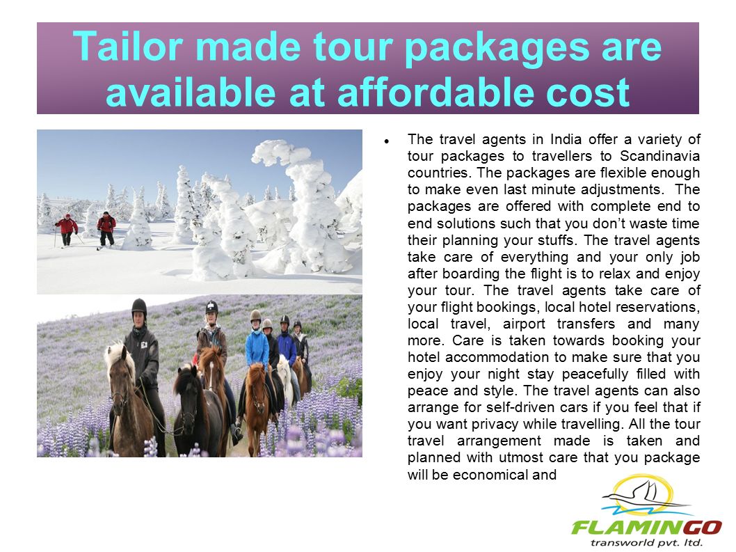 Tailor made tour packages are available at affordable cost The travel agents in India offer a variety of tour packages to travellers to Scandinavia countries.
