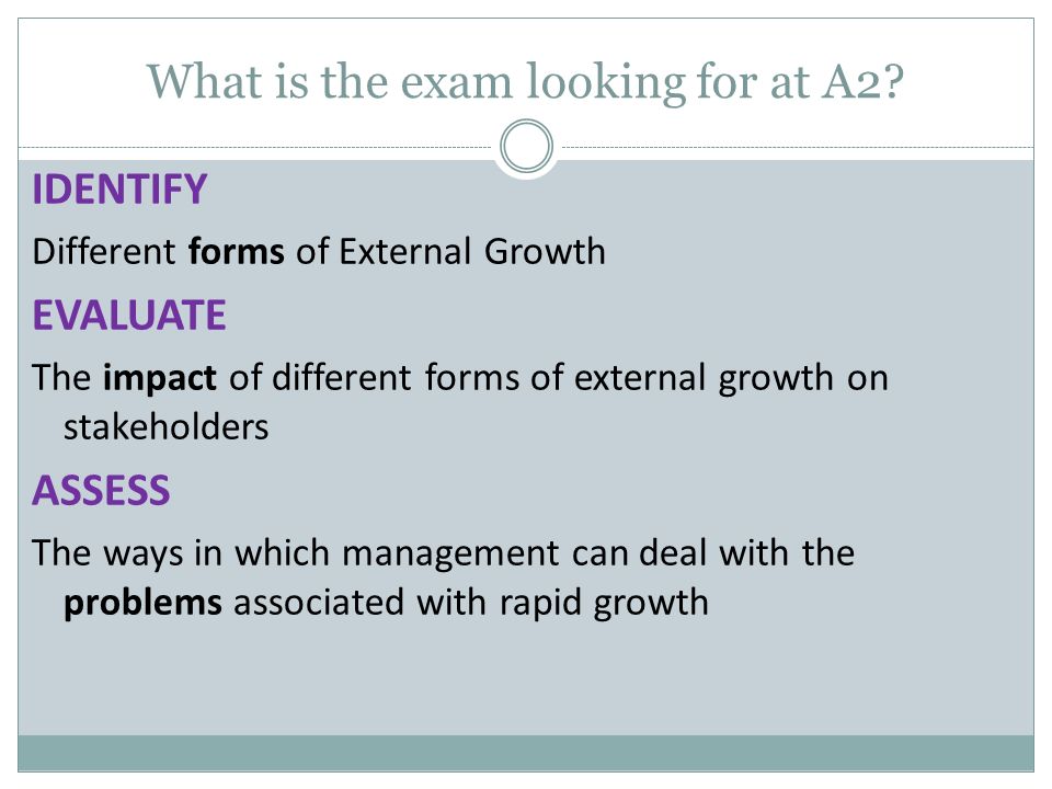 external growth for a business External growth is when business grows by merging with other companies external growth is more expensive to do rather than internal growth external growth is a much quicker way for the business to grow because they merge with other companies. external growth for a business External growth is when business grows by merging with other companies external growth is more expensive to do rather than internal growth external growth is a much quicker way for the business to grow because they merge with other companies.