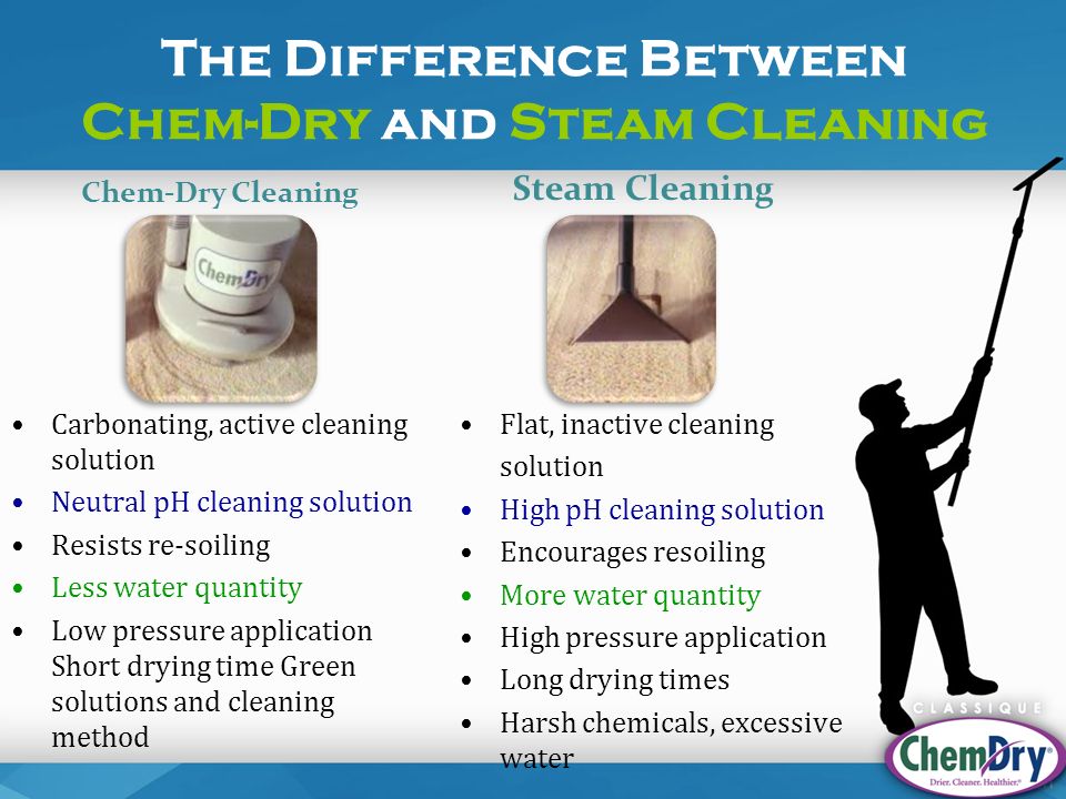 The Difference Between Chem-Dry and Steam Cleaning Chem-Dry Cleaning Carbonating, active cleaning solution Neutral pH cleaning solution Resists re-soiling Less water quantity Low pressure application Short drying time Green solutions and cleaning method Steam Cleaning Flat, inactive cleaning solution High pH cleaning solution Encourages resoiling More water quantity High pressure application Long drying times Harsh chemicals, excessive water