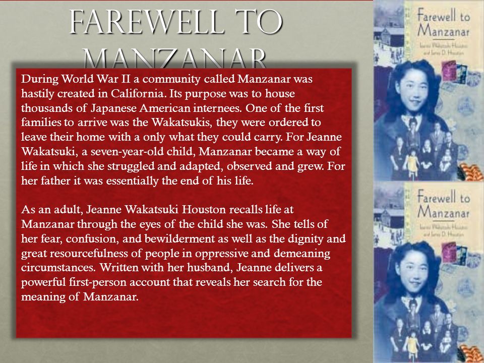 farewell to manzanar by jeanne wakatsuki Farewell to manzanar jeanne wakatsuki houston table of contents plot overview summary & analysis chapter 1 chapter 2 chapters 3–4 chapter 5 chapter 6. farewell to manzanar by jeanne wakatsuki Farewell to manzanar jeanne wakatsuki houston table of contents plot overview summary & analysis chapter 1 chapter 2 chapters 3–4 chapter 5 chapter 6.