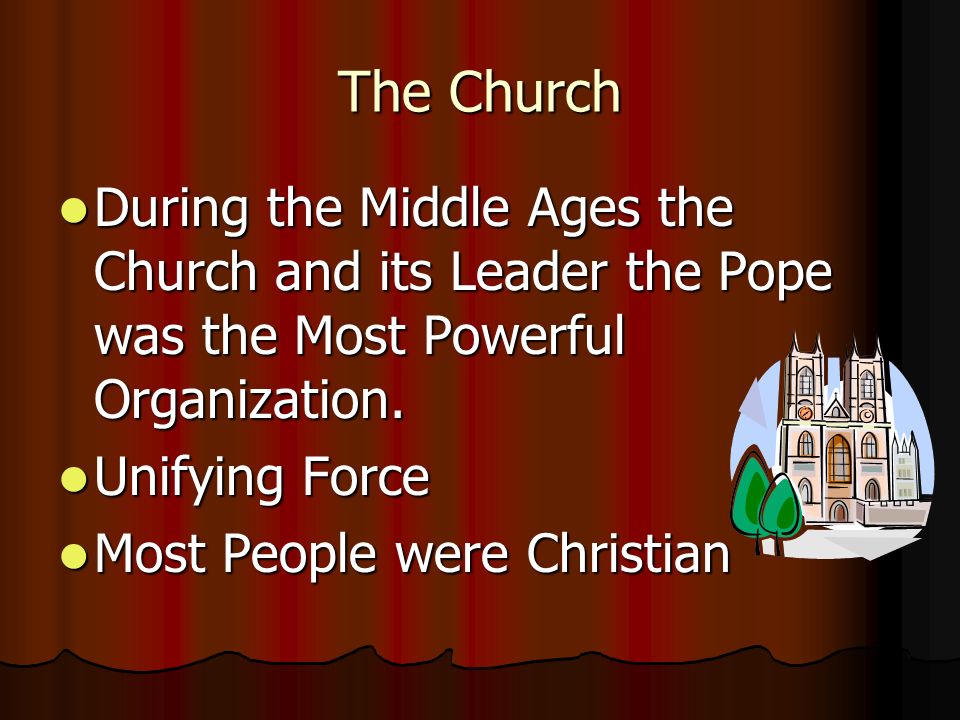 The Church During the Middle Ages the Church and its Leader the Pope was the Most Powerful Organization.