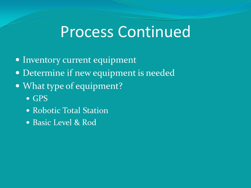 Process Continued Inventory current equipment Determine if new equipment is needed What type of equipment.
