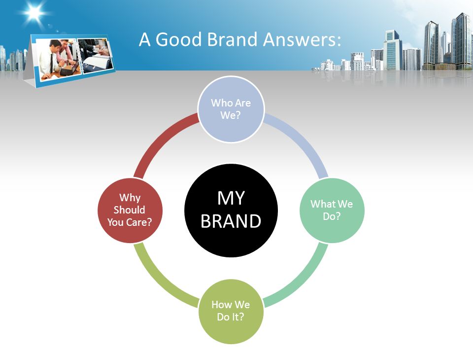 A Good Brand Answers: MY BRAND Who Are We What We Do How We Do It Why Should You Care