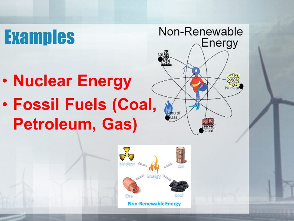 Examples Nuclear Energy Fossil Fuels (Coal, Petroleum, Gas)