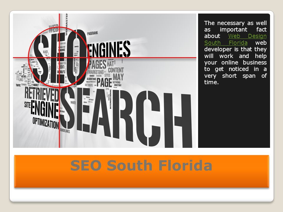 SEO South Florida The necessary as well as important fact about Web Design South Florida web developer is that they will work and help your online business to get noticed in a very short span of time.Web Design South Florida