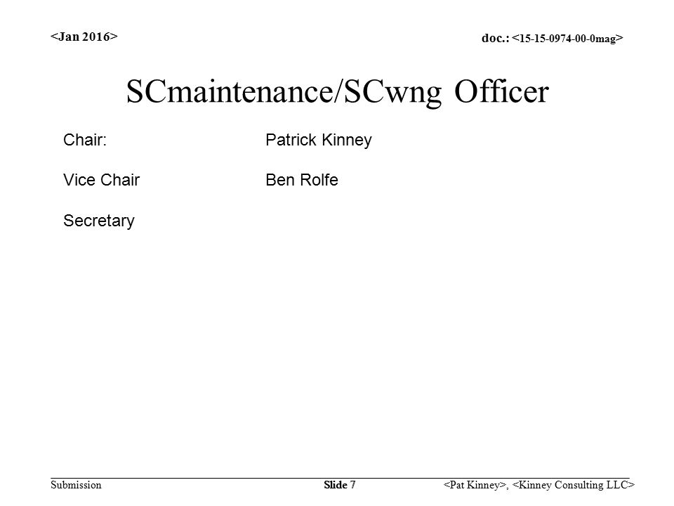 doc.: Submission, Slide 7 SCmaintenance/SCwng Officer Chair:Patrick Kinney Vice ChairBen Rolfe Secretary