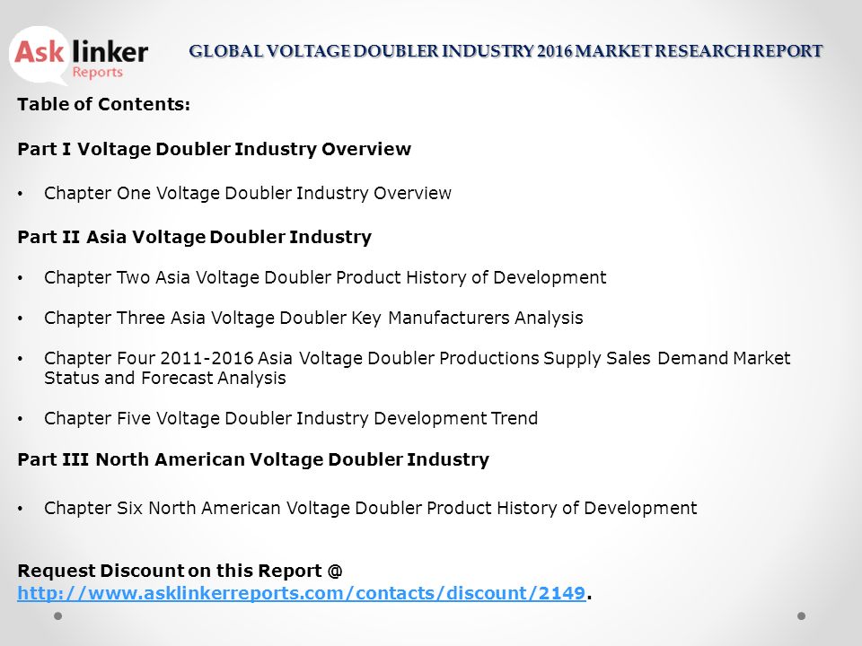 Table of Contents: Part I Voltage Doubler Industry Overview Chapter One Voltage Doubler Industry Overview Part II Asia Voltage Doubler Industry Chapter Two Asia Voltage Doubler Product History of Development Chapter Three Asia Voltage Doubler Key Manufacturers Analysis Chapter Four Asia Voltage Doubler Productions Supply Sales Demand Market Status and Forecast Analysis Chapter Five Voltage Doubler Industry Development Trend Part III North American Voltage Doubler Industry Chapter Six North American Voltage Doubler Product History of Development Request Discount on this