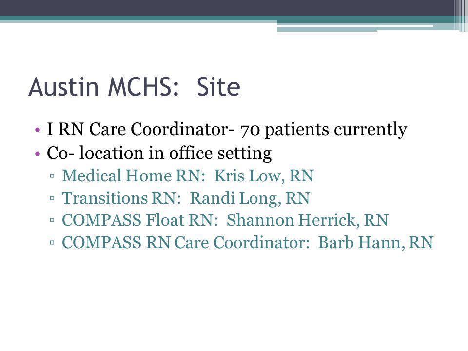 Austin MCHS: Site I RN Care Coordinator- 70 patients currently Co- location in office setting Medical Home RN: Kris Low, RN Transitions RN: Randi Long, RN COMPASS Float RN: Shannon Herrick, RN COMPASS RN Care Coordinator: Barb Hann, RN