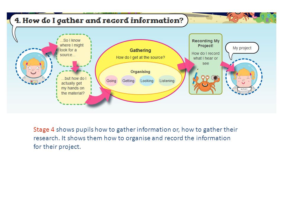 Stage 4 shows pupils how to gather information or, how to gather their research.