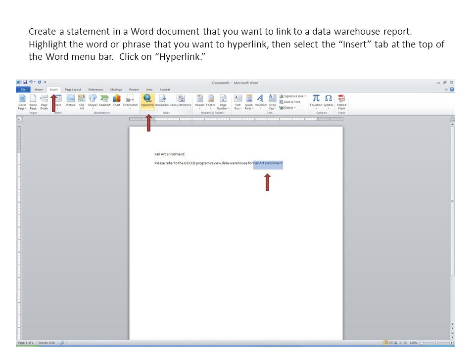 Create a statement in a Word document that you want to link to a data warehouse report.