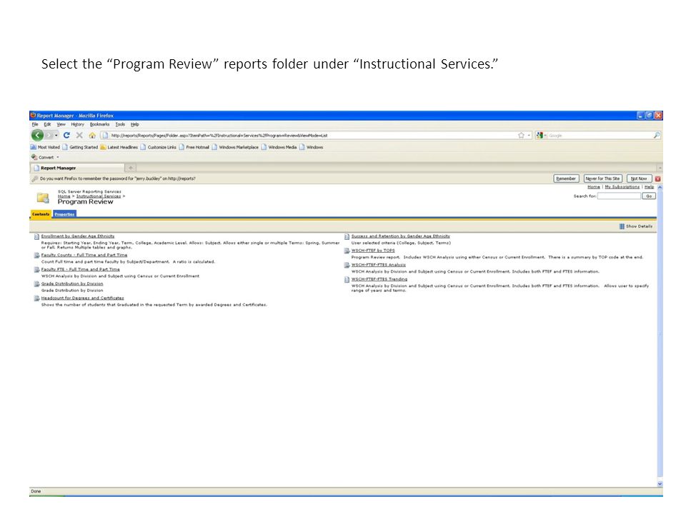 Select the Program Review reports folder under Instructional Services.