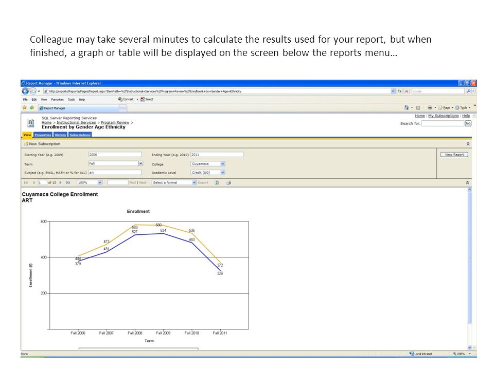 Colleague may take several minutes to calculate the results used for your report, but when finished, a graph or table will be displayed on the screen below the reports menu…