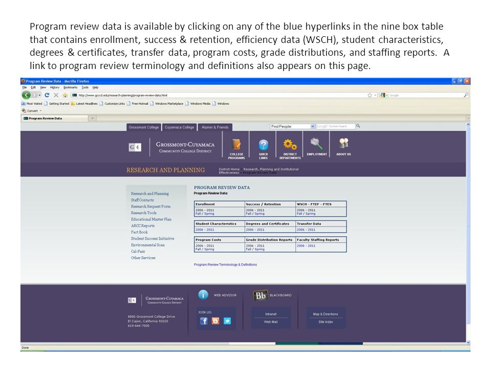 Program review data is available by clicking on any of the blue hyperlinks in the nine box table that contains enrollment, success & retention, efficiency data (WSCH), student characteristics, degrees & certificates, transfer data, program costs, grade distributions, and staffing reports.