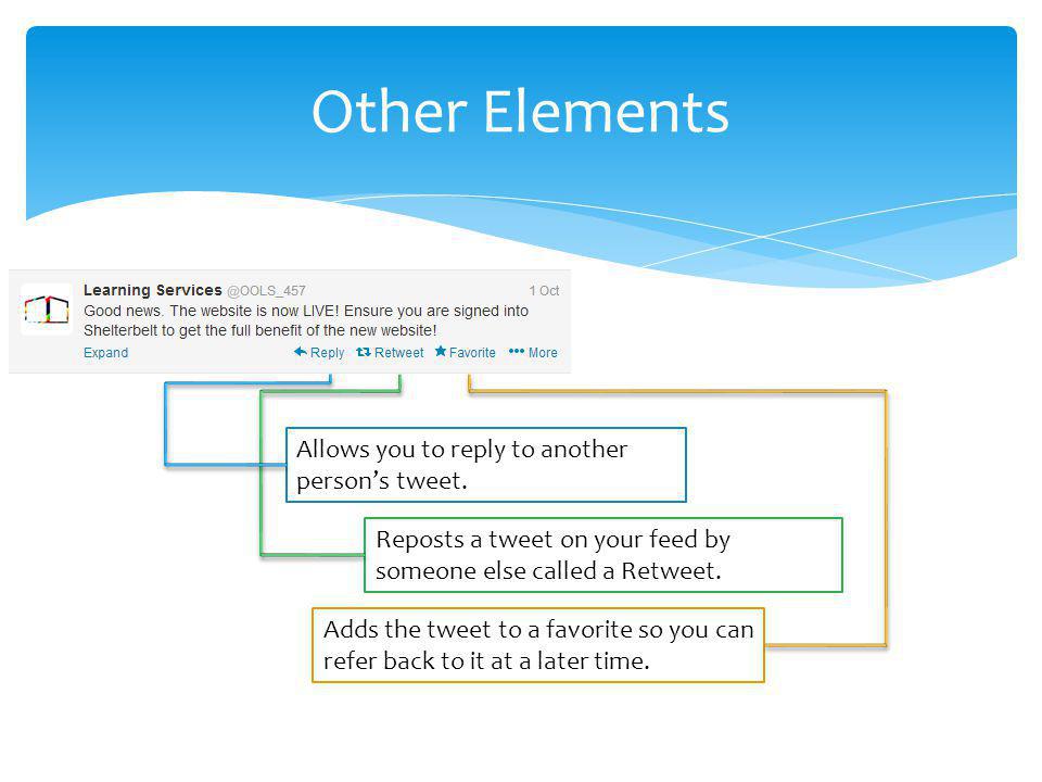 Other Elements Allows you to reply to another persons tweet.