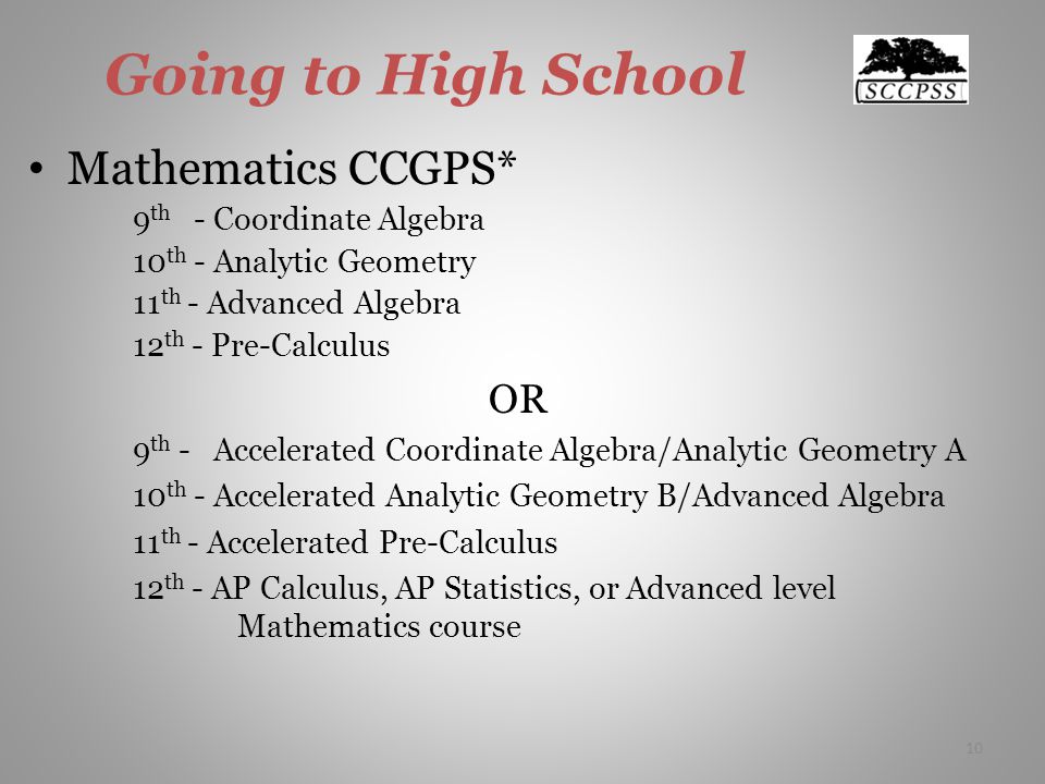 Going to High School Mathematics CCGPS* 9 th - Coordinate Algebra 10 th - Analytic Geometry 11 th - Advanced Algebra 12 th - Pre-Calculus OR 9 th - Accelerated Coordinate Algebra/Analytic Geometry A 10 th - Accelerated Analytic Geometry B/Advanced Algebra 11 th - Accelerated Pre-Calculus 12 th - AP Calculus, AP Statistics, or Advanced level Mathematics course 10