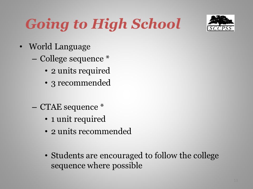 Going to High School World Language – College sequence * 2 units required 3 recommended – CTAE sequence * 1 unit required 2 units recommended Students are encouraged to follow the college sequence where possible 13