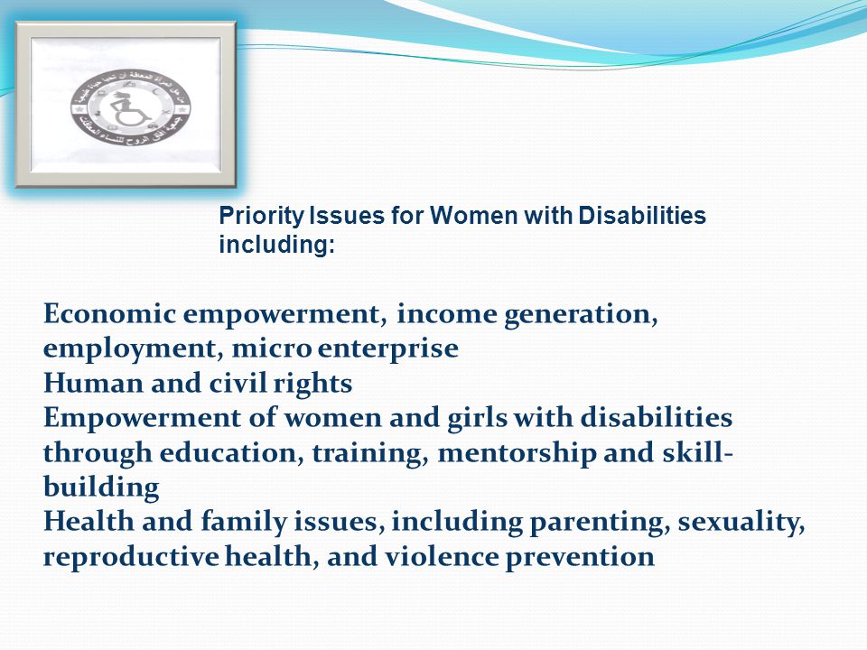 Economic empowerment, income generation, employment, micro enterprise Human and civil rights Empowerment of women and girls with disabilities through education, training, mentorship and skill- building Health and family issues, including parenting, sexuality, reproductive health, and violence prevention Priority Issues for Women with Disabilities including: