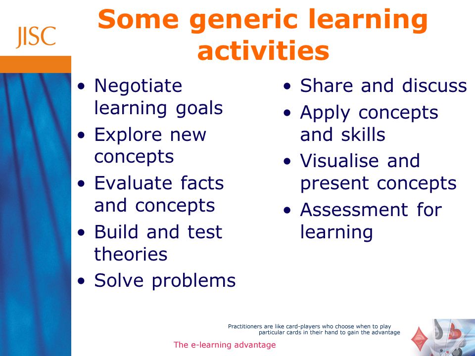 Some generic learning activities Negotiate learning goals Explore new concepts Evaluate facts and concepts Build and test theories Solve problems Share and discuss Apply concepts and skills Visualise and present concepts Assessment for learning