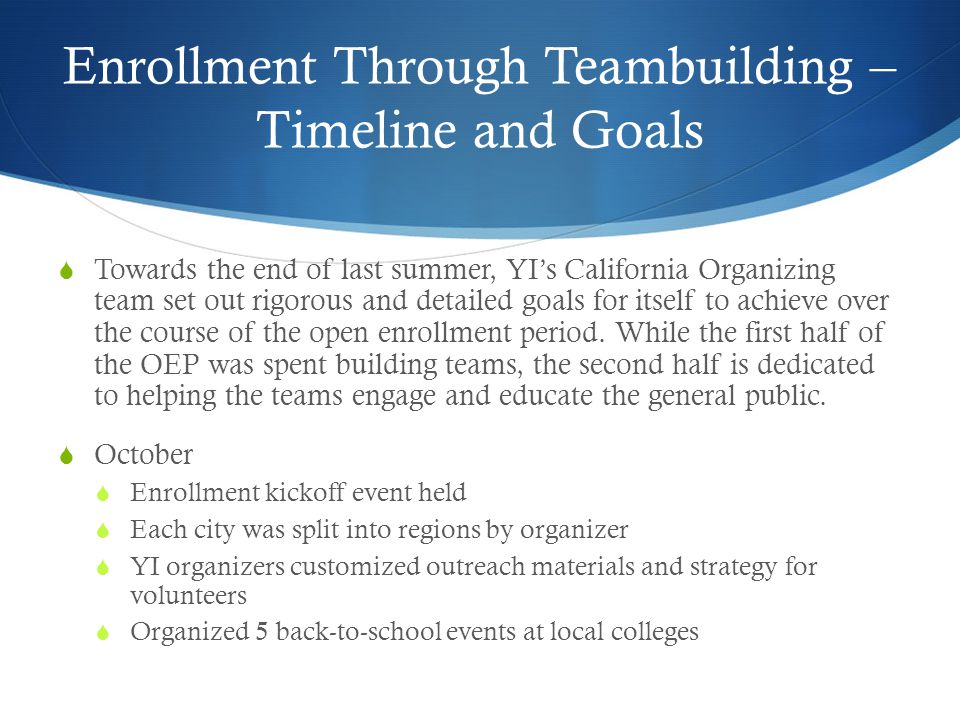 Enrollment Through Teambuilding – Timeline and Goals Towards the end of last summer, YIs California Organizing team set out rigorous and detailed goals for itself to achieve over the course of the open enrollment period.