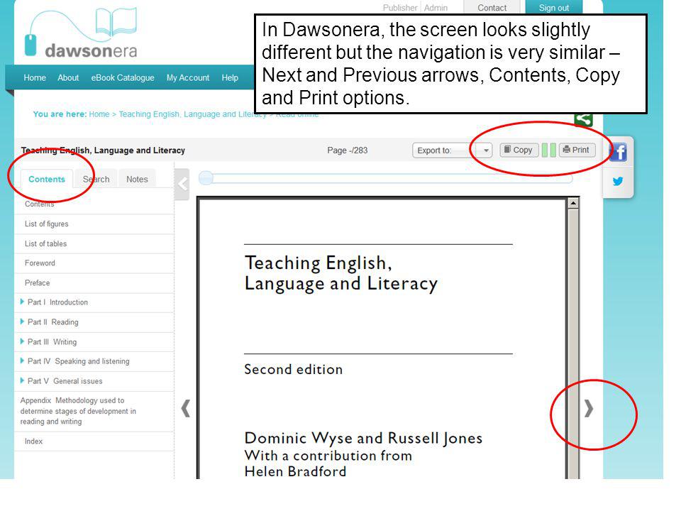 In Dawsonera, the screen looks slightly different but the navigation is very similar – Next and Previous arrows, Contents, Copy and Print options.
